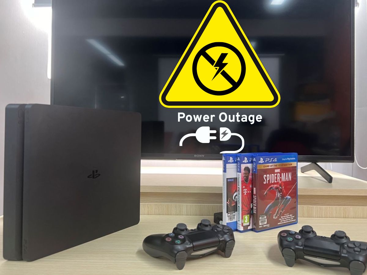 The PS4 and a Sony TV with the PS4 disc game with the power outage logo on top