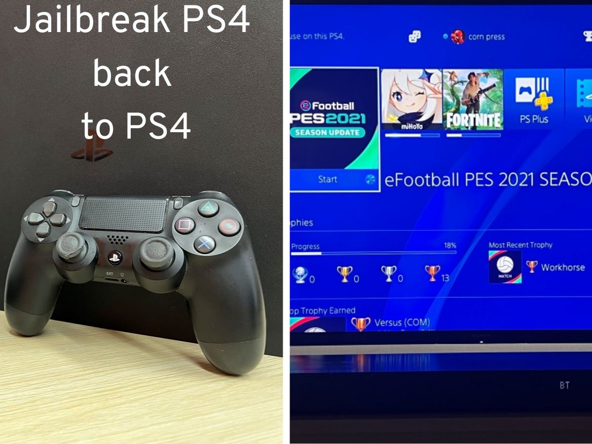 The PS4 console on the left and the interface of the PS4 on Sony TV on the right of the image