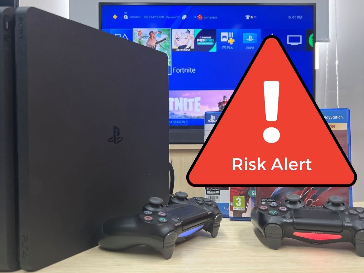 The PS4 console with the Sony TV and PS controller along side with a Risk Alert logo