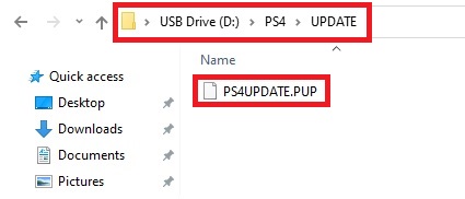 The PS4 update file downloaded from the PS website is stored inside the folders from a USB flash drive