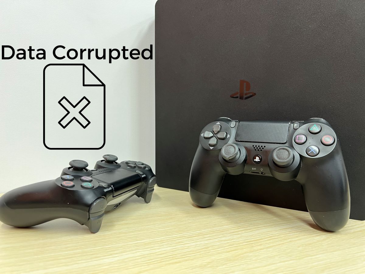 The PS4 with the two controllers and a white background following up with a Data corrupted word and logo