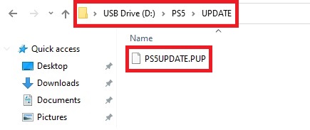 The PS5 update file downloaded from the PS website is stored inside the folders from a USB flash drive