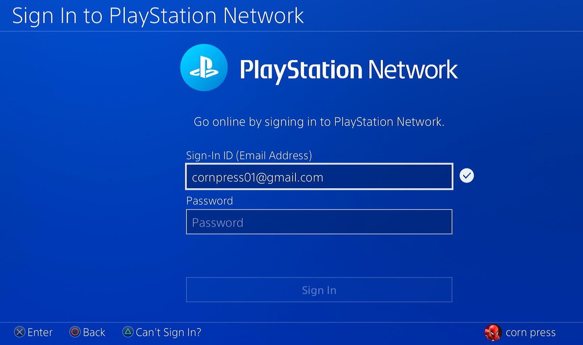 The PSN login interface on PS4 with a blue background