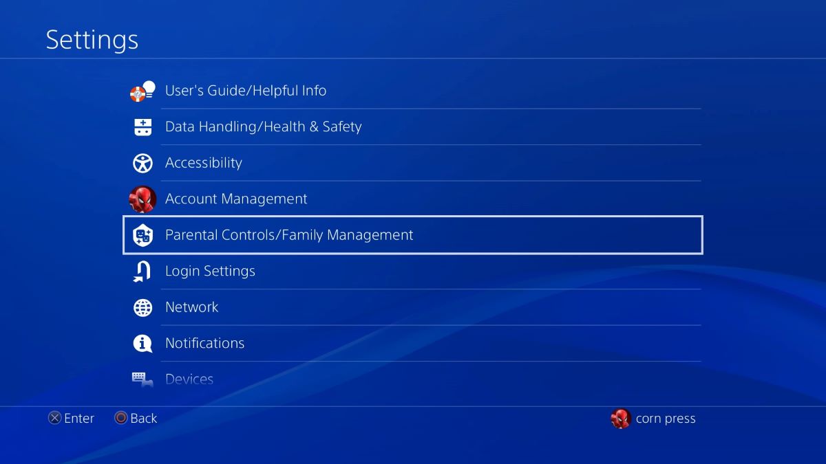 The Parental Controls and Family Management feature from the Settings menu on PS4
