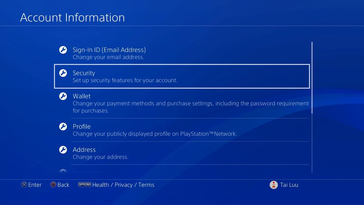 The Security from the Account Information on PS4 is highlighted with a white box