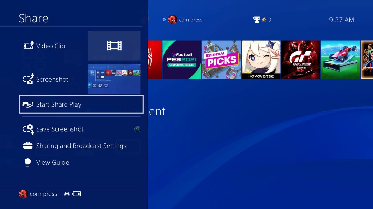 The Share Play feature on PS4 interface