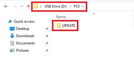 The UPDATE file is created and stores inside the folder PS5