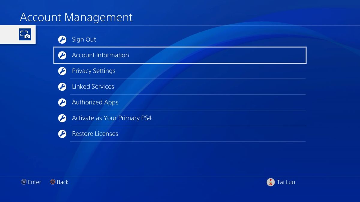 The account information from the PS4 settings