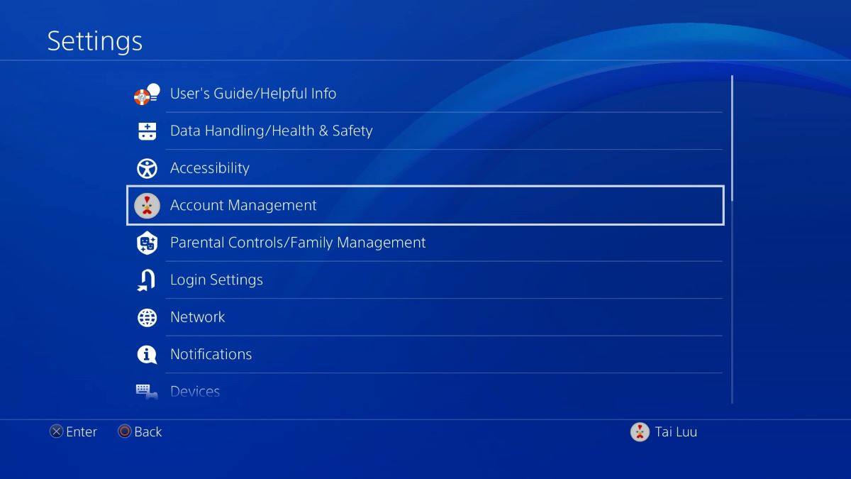 The account management from the Settings menu of the PS4