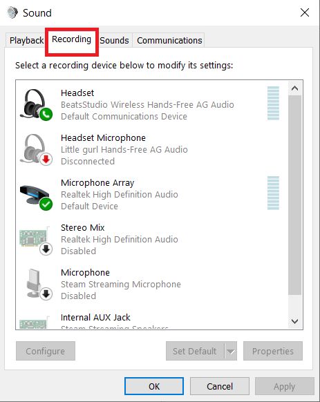 The dialog box of the sound settings with the Recording tab is highlighted with a red box