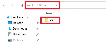 The folder name PS4 is stored inside a USB flash drive