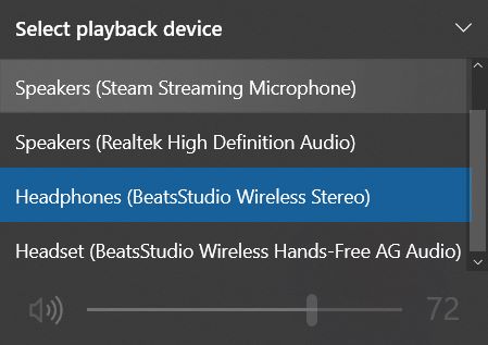 The select playback device list from Windows 10 and the Beats Headphones is highlighting