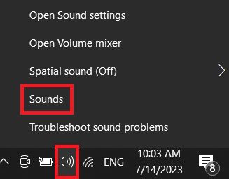 The sound logo at the bottom right from the Windows 10 is highlighted with a red box following up is the Sound option