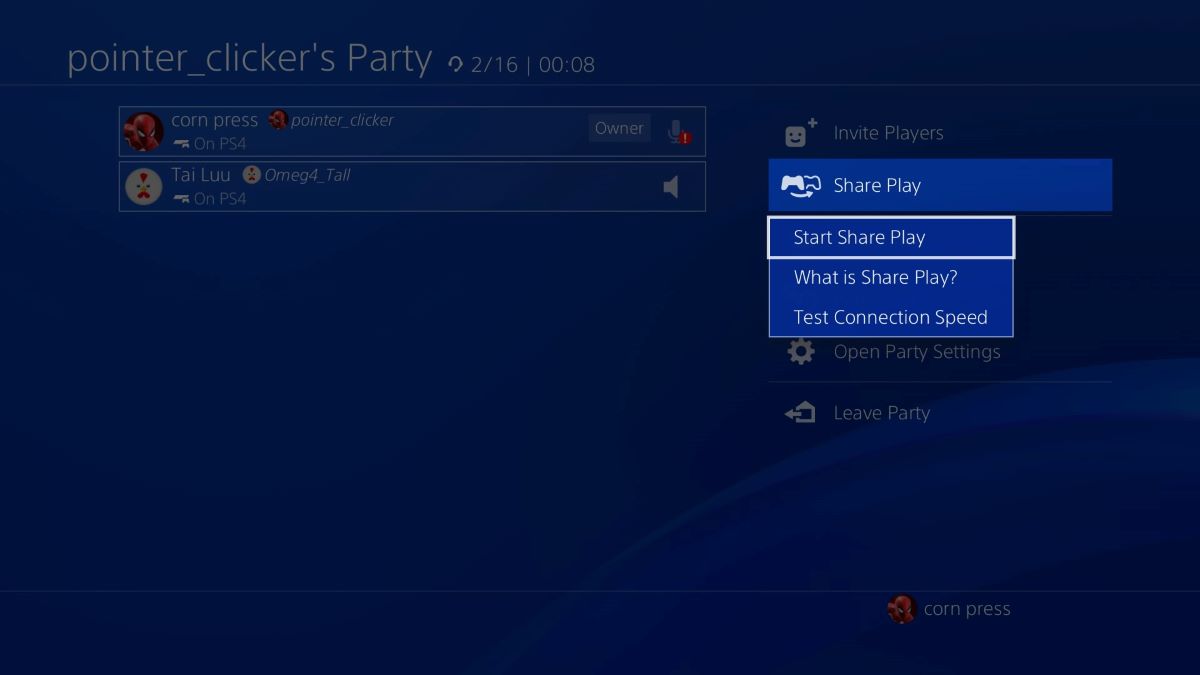 The start share play feature is showed up after the feature is chosen from the PS4 voice party