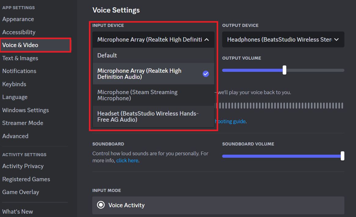 The voice and video option from the Discord's settings, with the Sound input is changing to a different microphone
