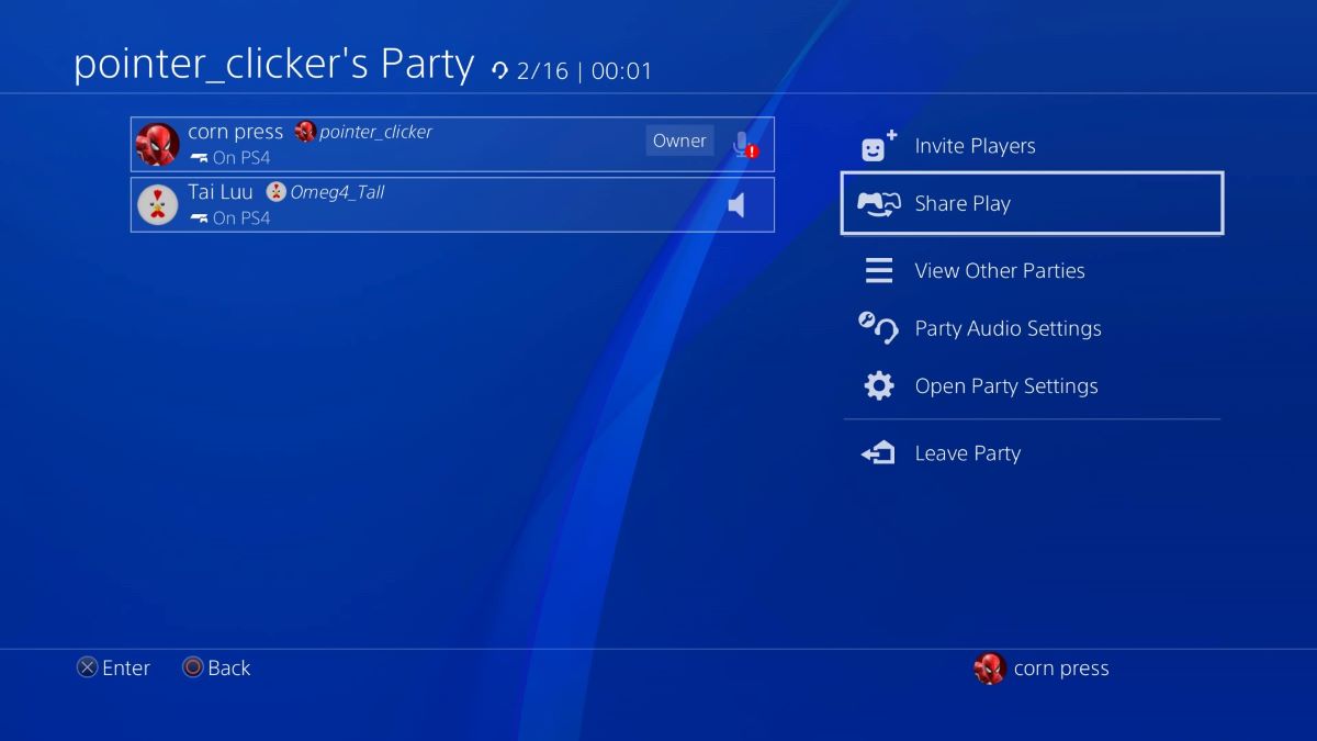The voice party by corn press and visitor is TaiLuu on the PS4 and the share play on the left menu is being selected