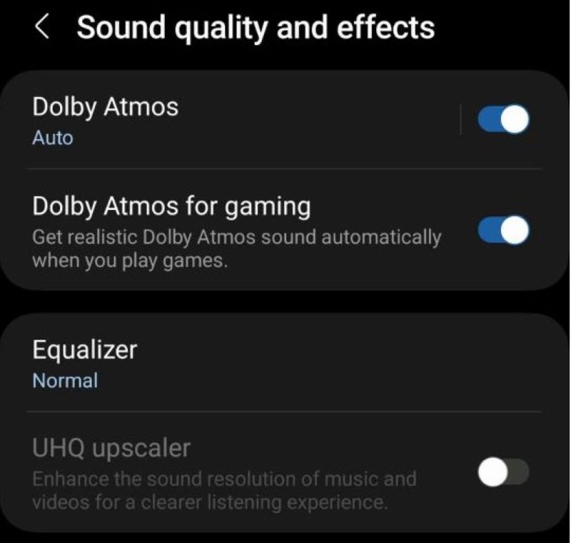 Turning on Dolby Atmos and Dolby Atmos for gaming on a Samsung phone screen