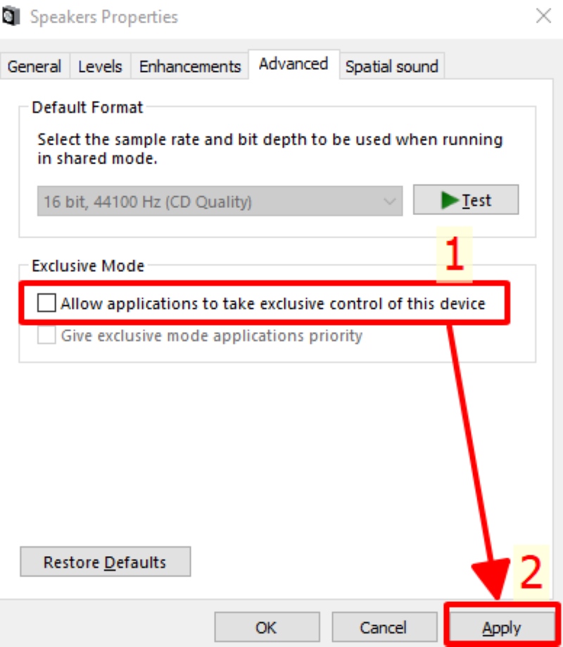 Uncheck the box beside Allow applications to take exclusive control of this device in Windows Speakers Properties settings