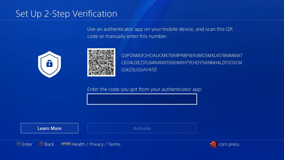 Using app authenticator to secure the PSN account with the QR code
