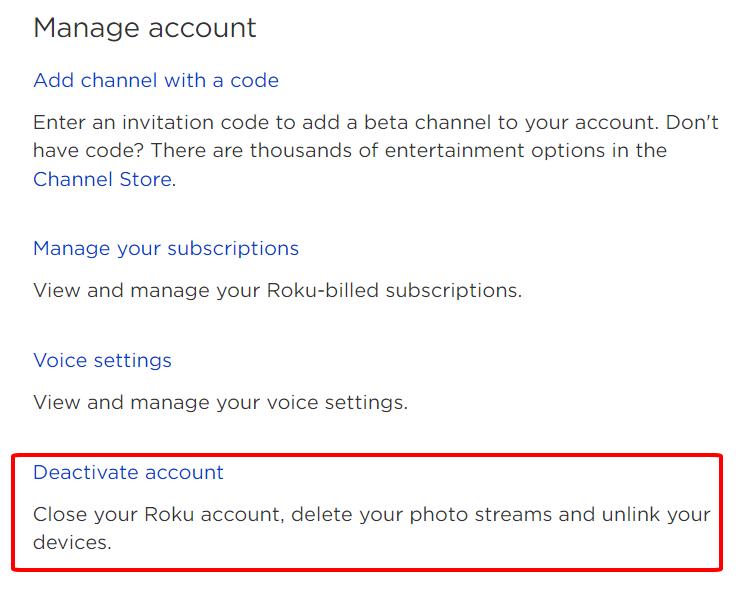 deactivate roku account option is highlighted
