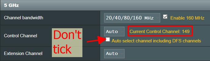 don't tick text and an arrow pointing to a box about auto select wi-fi channel including dfs channels