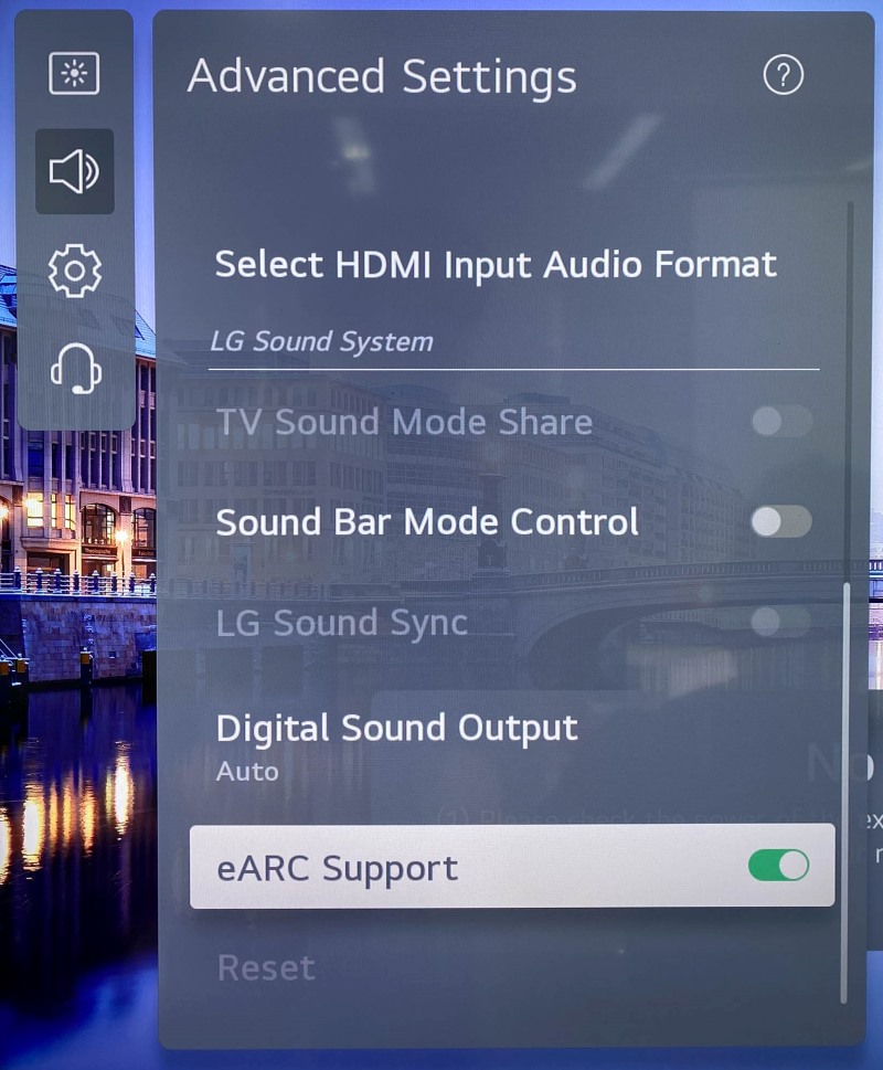 eARC Support is turned on in LG TV settings