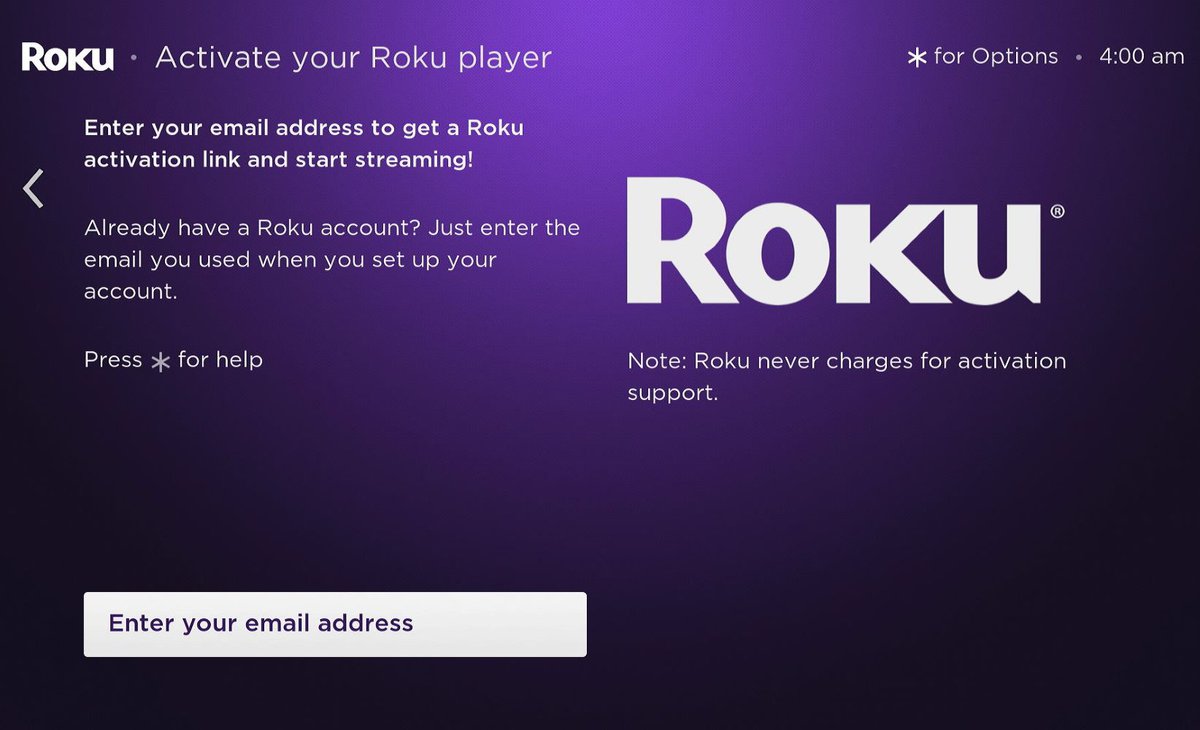 enter email screen on a roku player