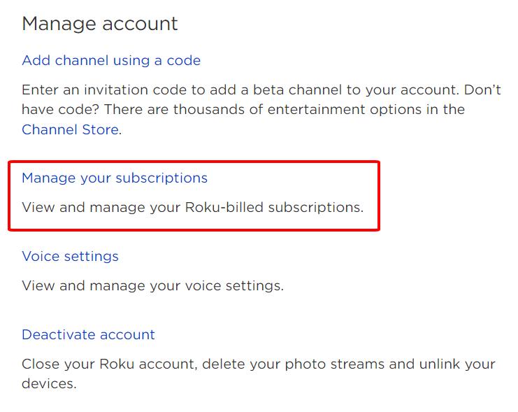 manage your subscription option is highlighted on roku website