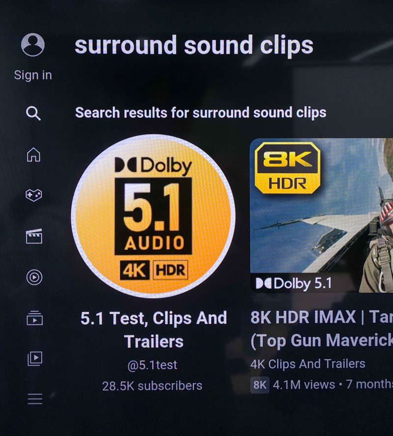 search for surround sound clips test on Youtube app
