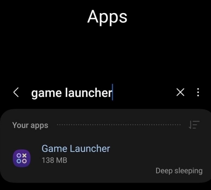search for the game launcher in a Samsung phone's Apps settings