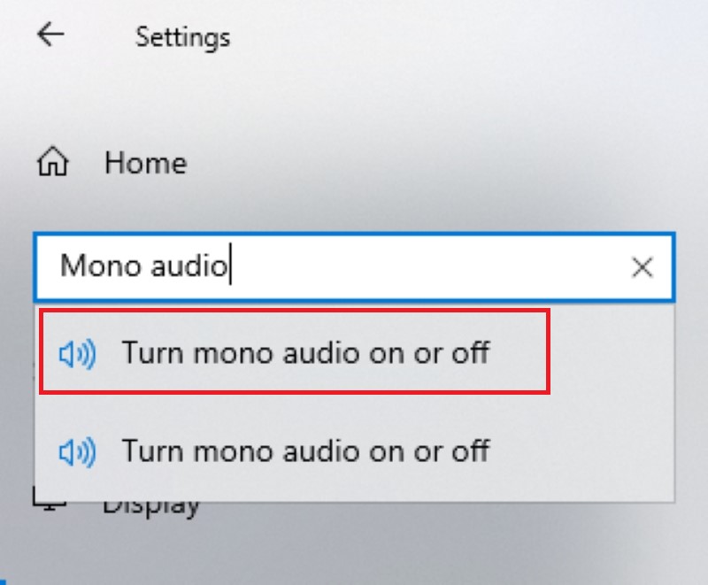searching for the Mono audio option in the Windows Settings screen