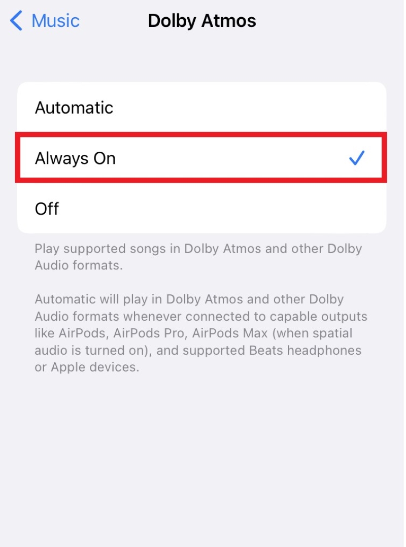 select Always On for iPhone Dolby Atmos settings
