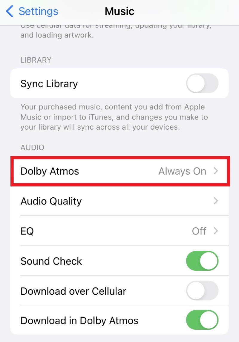 select Dolby Atmos in the iPhone Music settings