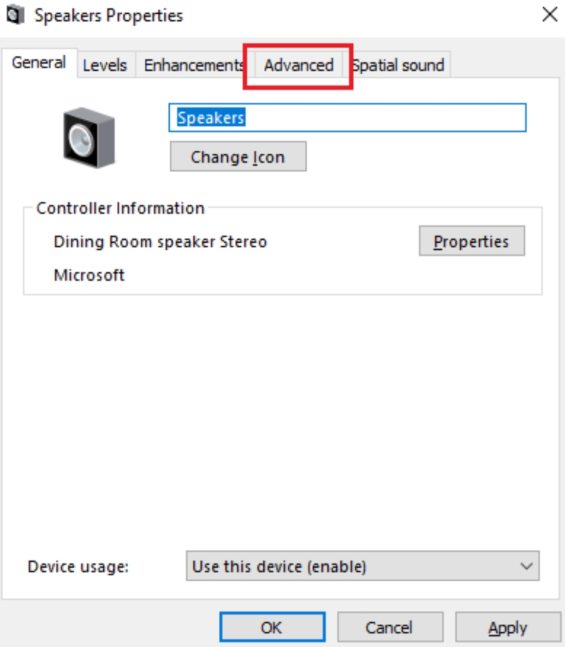 select the Advanced tab on Windows Speaker Properties settings