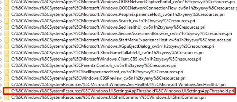 select the CWindowsSystemResourcesWindows.UI.SettingsAppThresholdWindows.UI.SettingsAppThreshold.pri folder in Windows Registry Editor