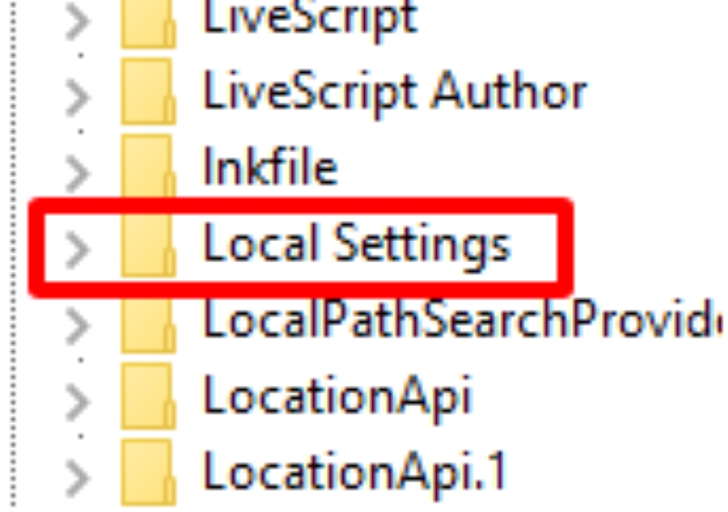 select the Local Settings folder in the Windows Registry Editor settings