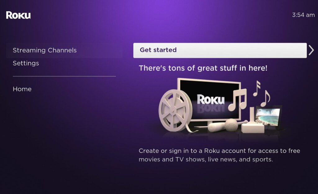 Streaming Channels Menu Get Started Option Is Highlighted On A Roku Player 1024x624 