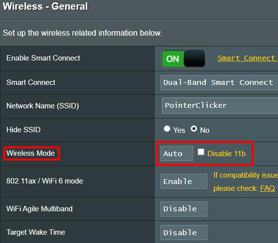 wireless mode of an asus router's settings