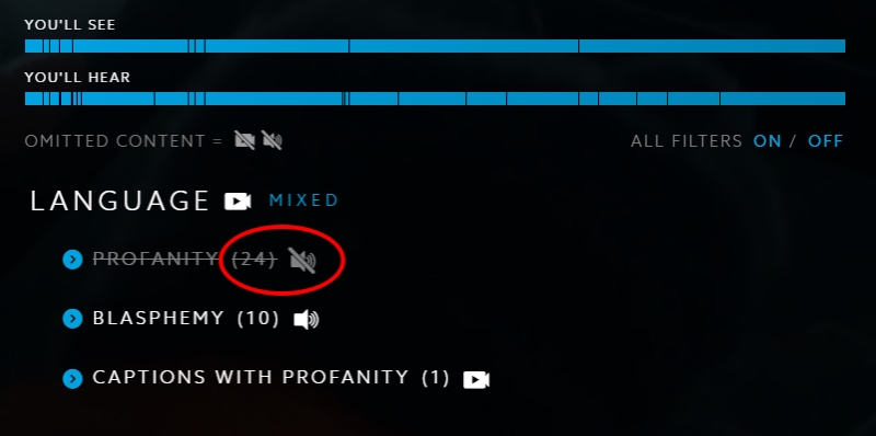 Profanity filter in the VidAngel Language filter section