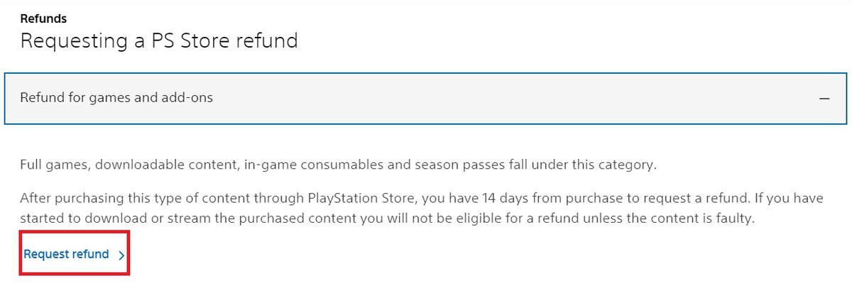 Request refund is being highlighted with a red box on the PS's website
