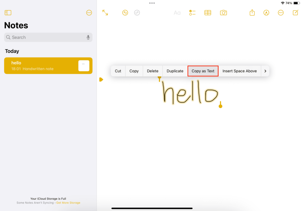 Select the handwriting by double-tapping it, then choose Copy as Text in the pop-up menu