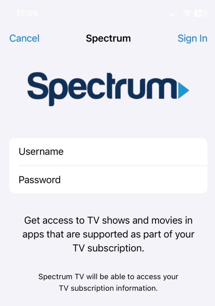 Spectrum TV sign-in screen on iPhone
