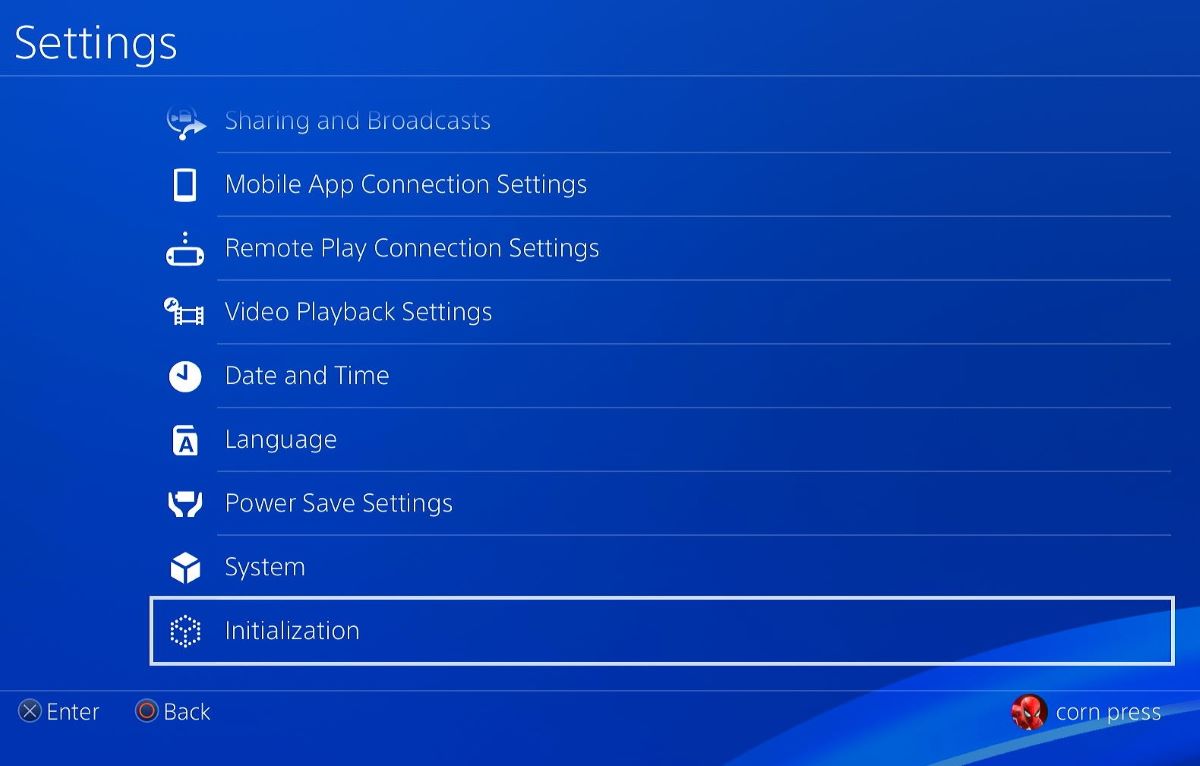 The Initialization at the bottom of the settings on PS4