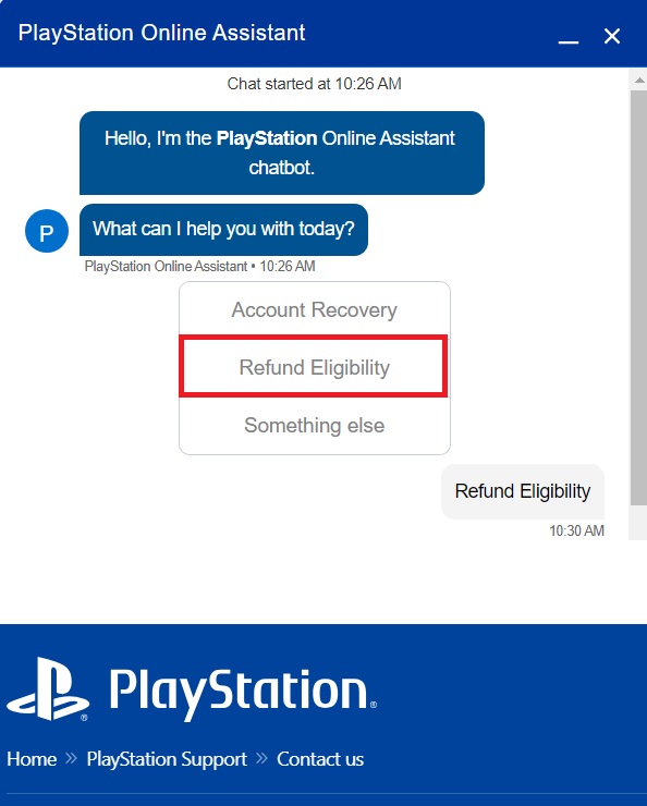 The refund Eligibility from the bot and being highlighted with a red box