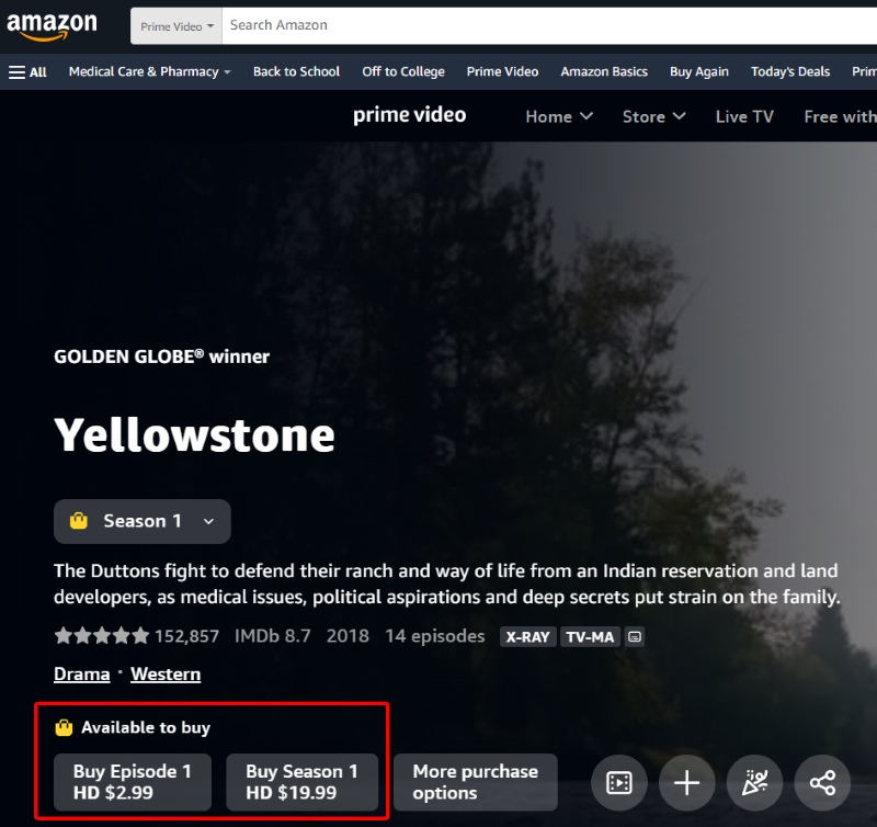 Yellowstone purchasing options in Amazon Prime