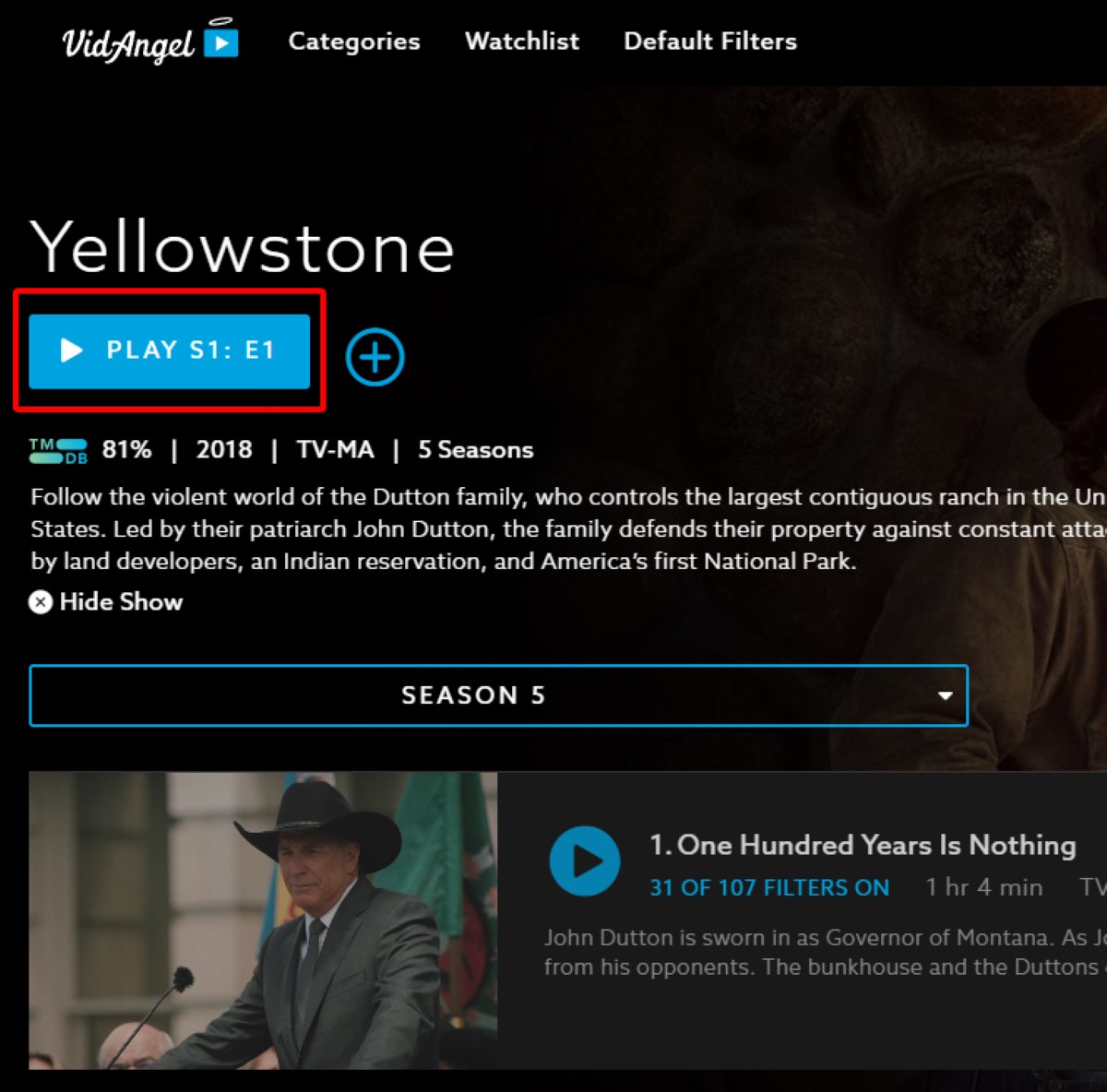 highlighted Play button to watch the Yellowstone episode on VidAngel
