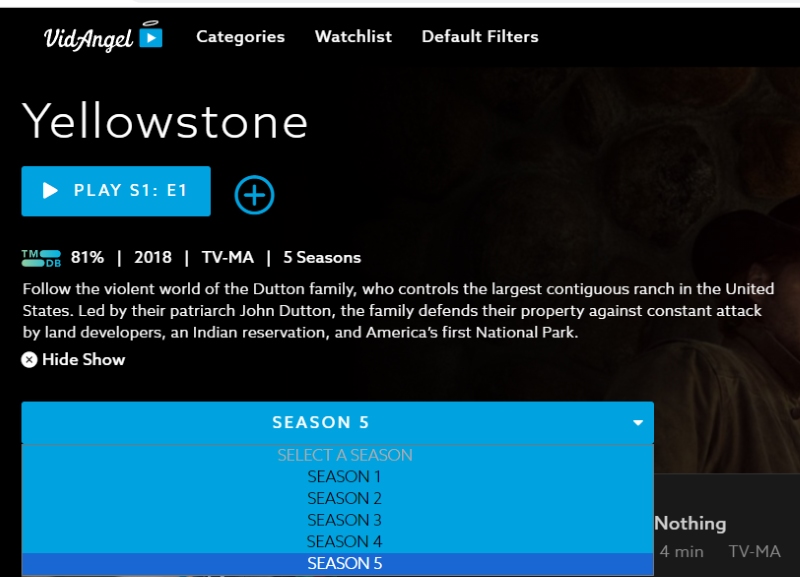 list of available Yellowstone seasons in VidAngel