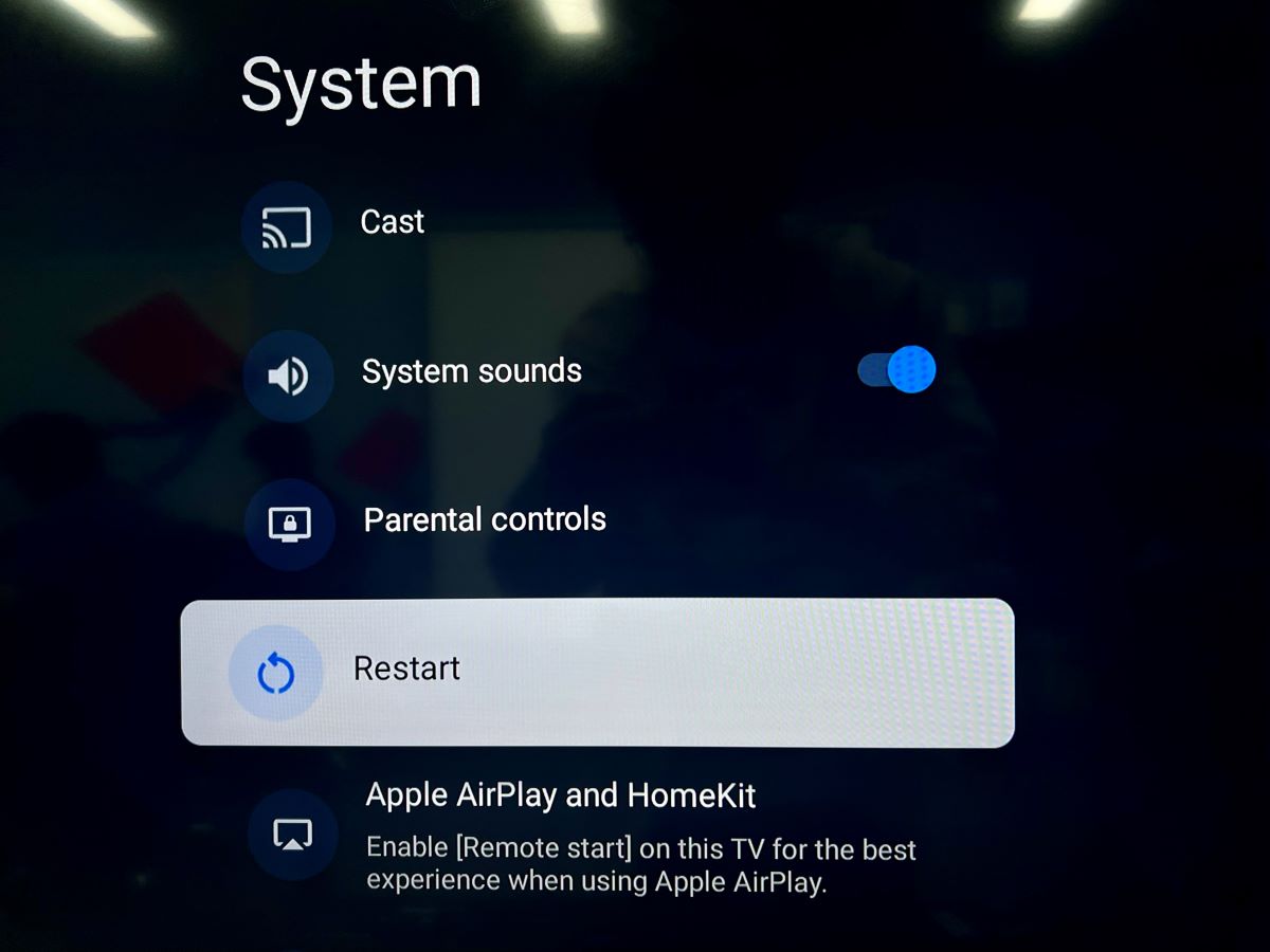 restart option is highlighted in the system menu on a sony tv