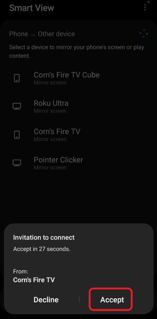 select accept to start casting from Samsung phone to Fire TV