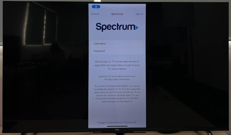 spectrum TV mobile app is casting onto a TV screen